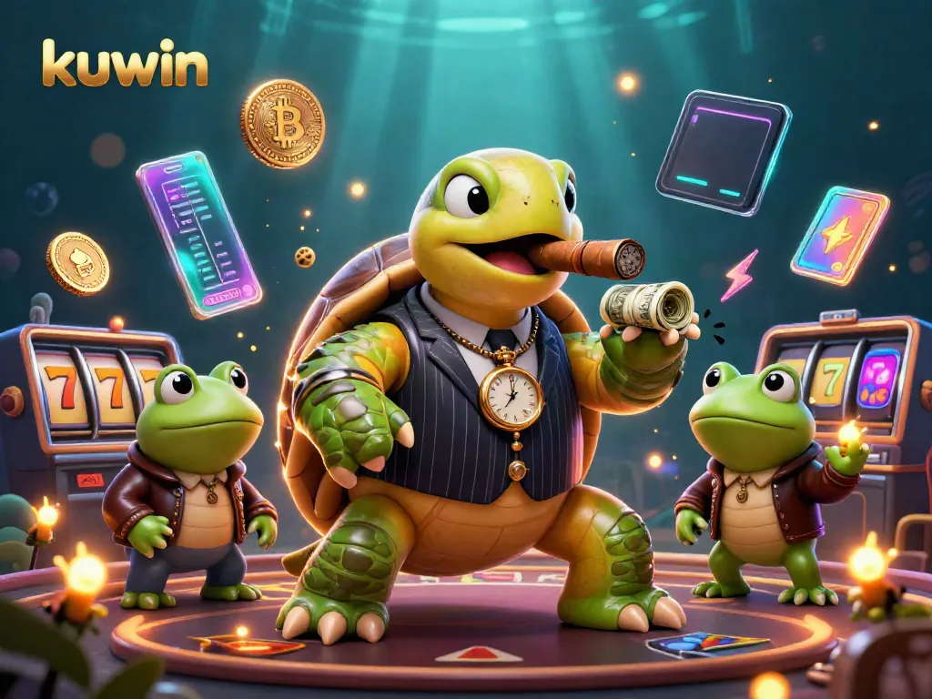 Kuwin's vibrant casino world illustrated with a snapping turtle mobster and bullfrog enforcers.