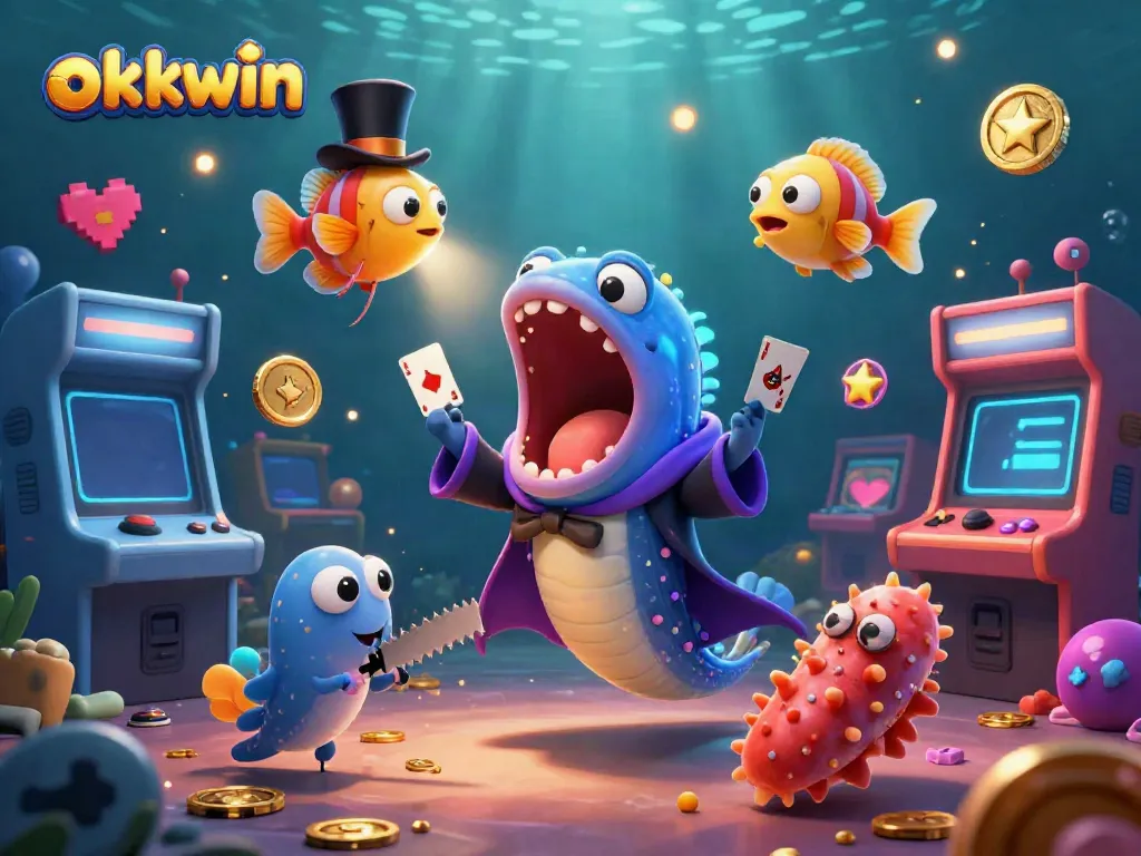 Watch the bioluminescent gulper eel perform card tricks at okkwin's vibrant casino scene.