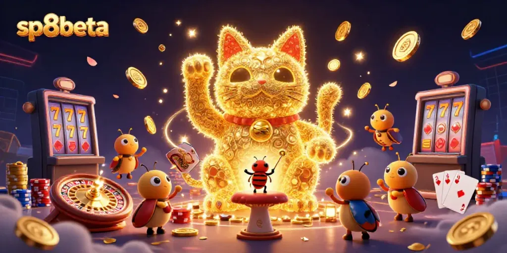 Experience sp8beta with a vibrant 3D casino scene filled with lucky symbols, golden coins, and dynamic characters.