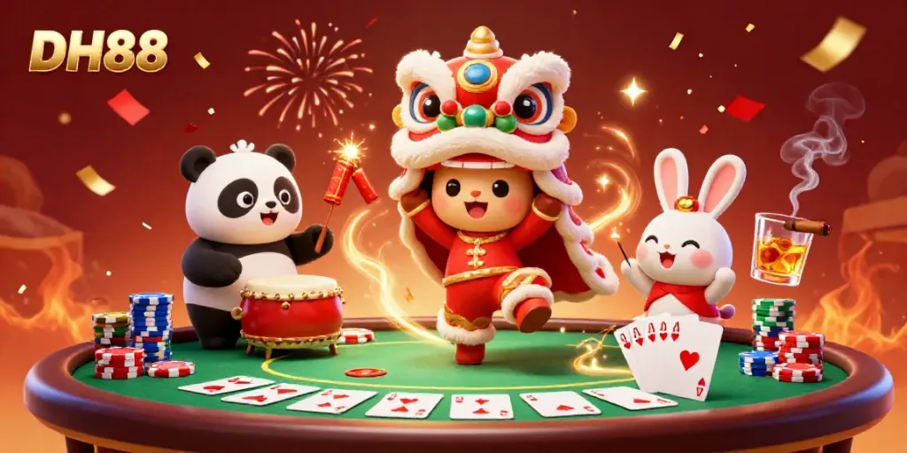 Experience the excitement of DH88 with a lively illustration of a poker scene during a festive celebration.