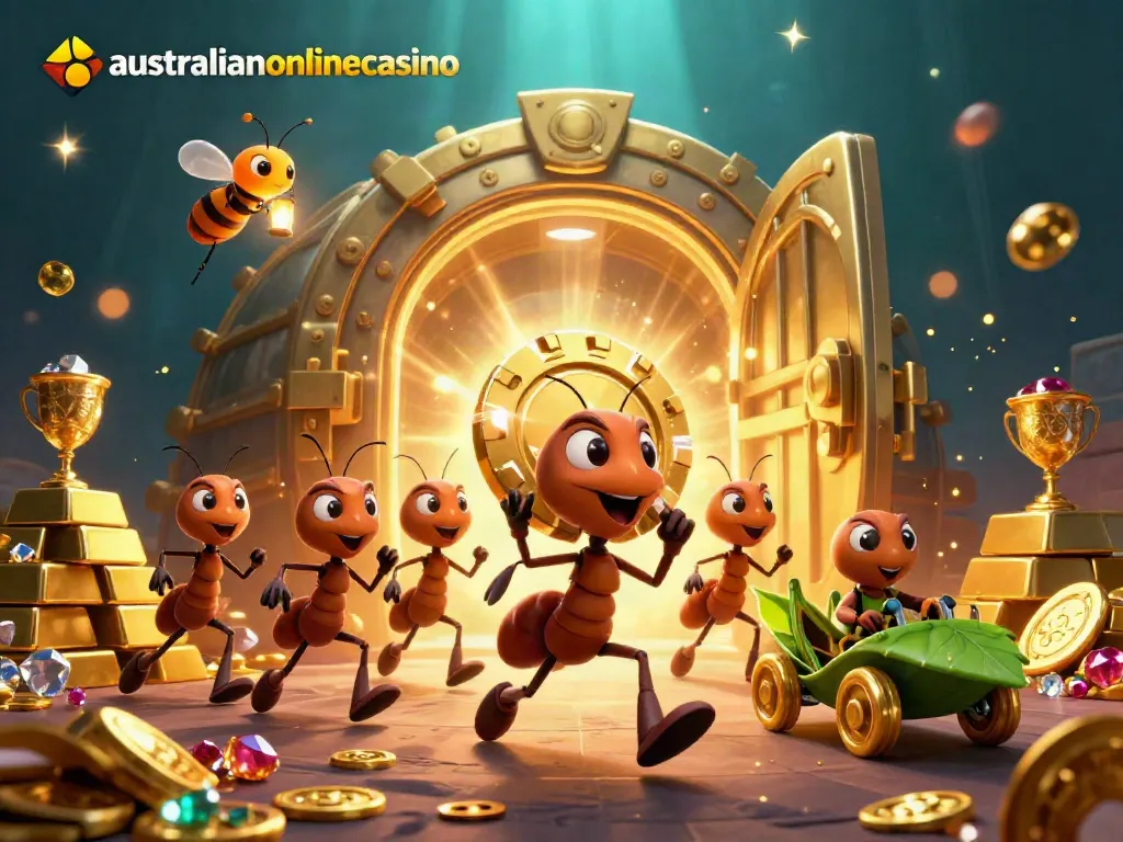 Three cartoon ants carrying a giant poker chip through a tunnel for australianonlinecasino, with shimmering treasures around.