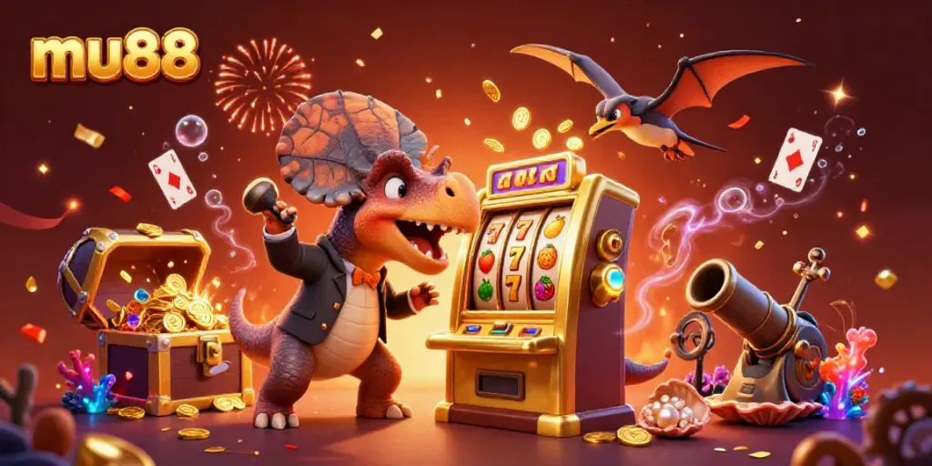 Experience big wins at MU88 as a 3D cartoon pachycephalosaurus hits a golden slot machine for jackpot coins.