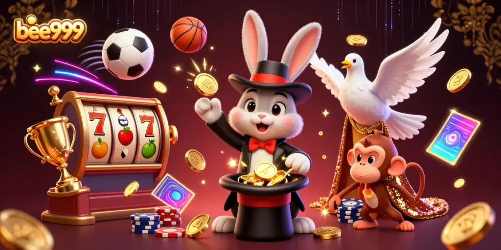 Experience the thrilling magic of bee999 as a cartoon magician rabbit conjures golden coins in a lively casino scene.
