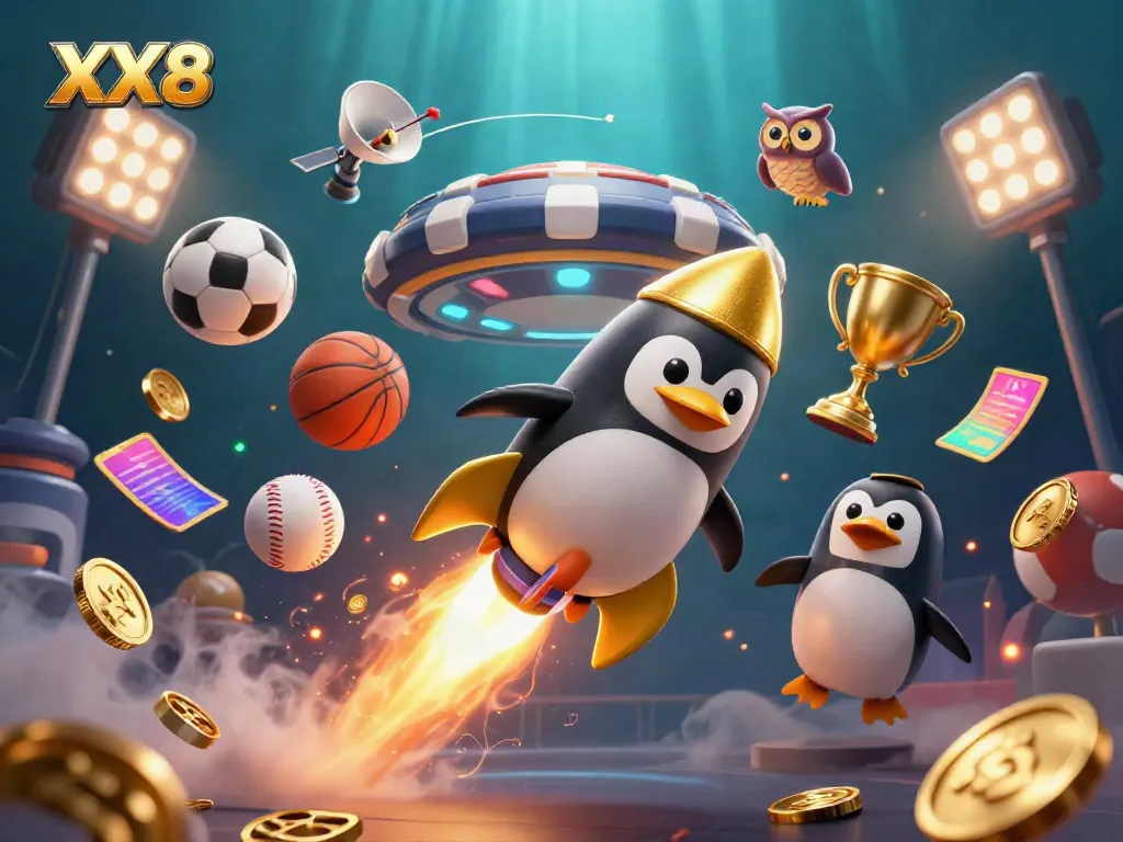 Experience the excitement of XX8 with a golden penguin racing towards a vibrant casino in space.
