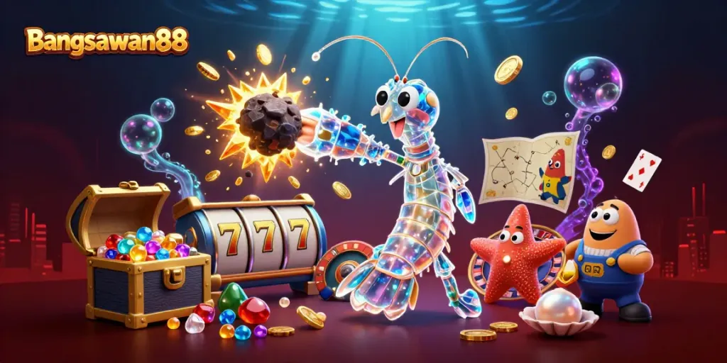 Bangsawan88 reveals an exhilarating 3D casino scene with colorful gems and slot reels as the galactic mantis shrimp champions the jackpot.