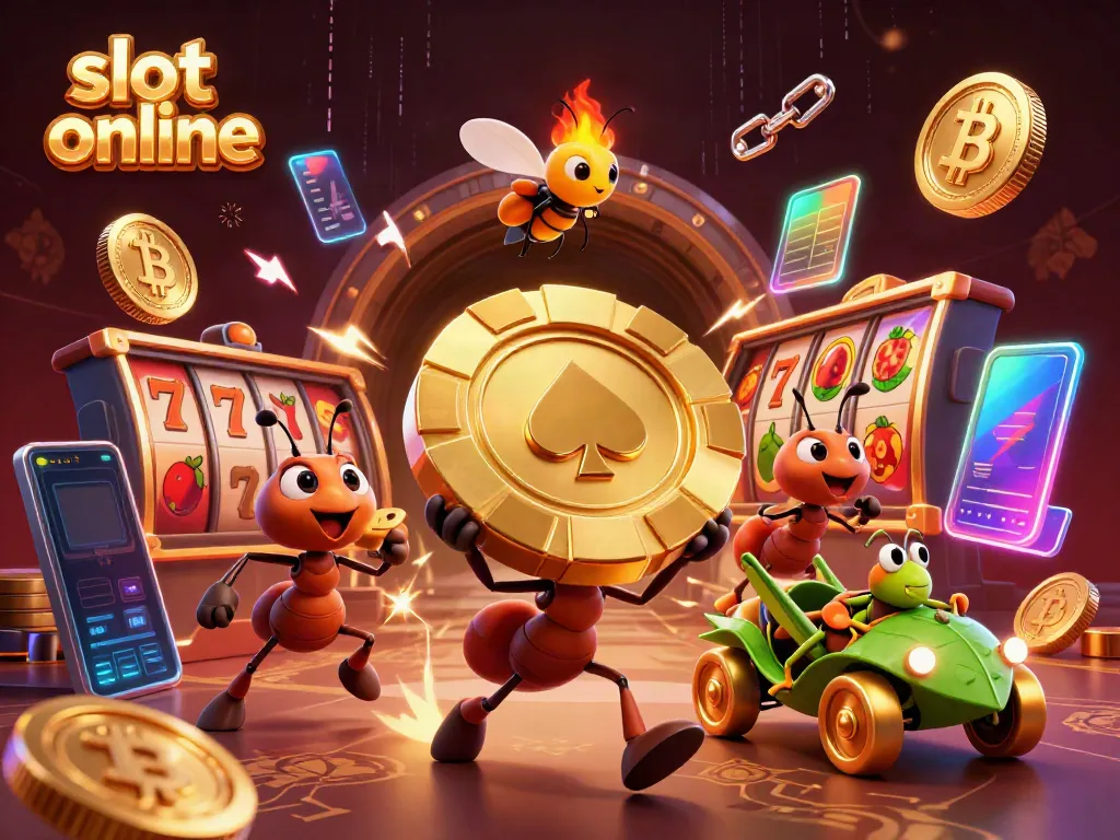 Enjoy exciting slot online adventures with a heist scene featuring playful ants, vibrant coins, and dynamic elements.
