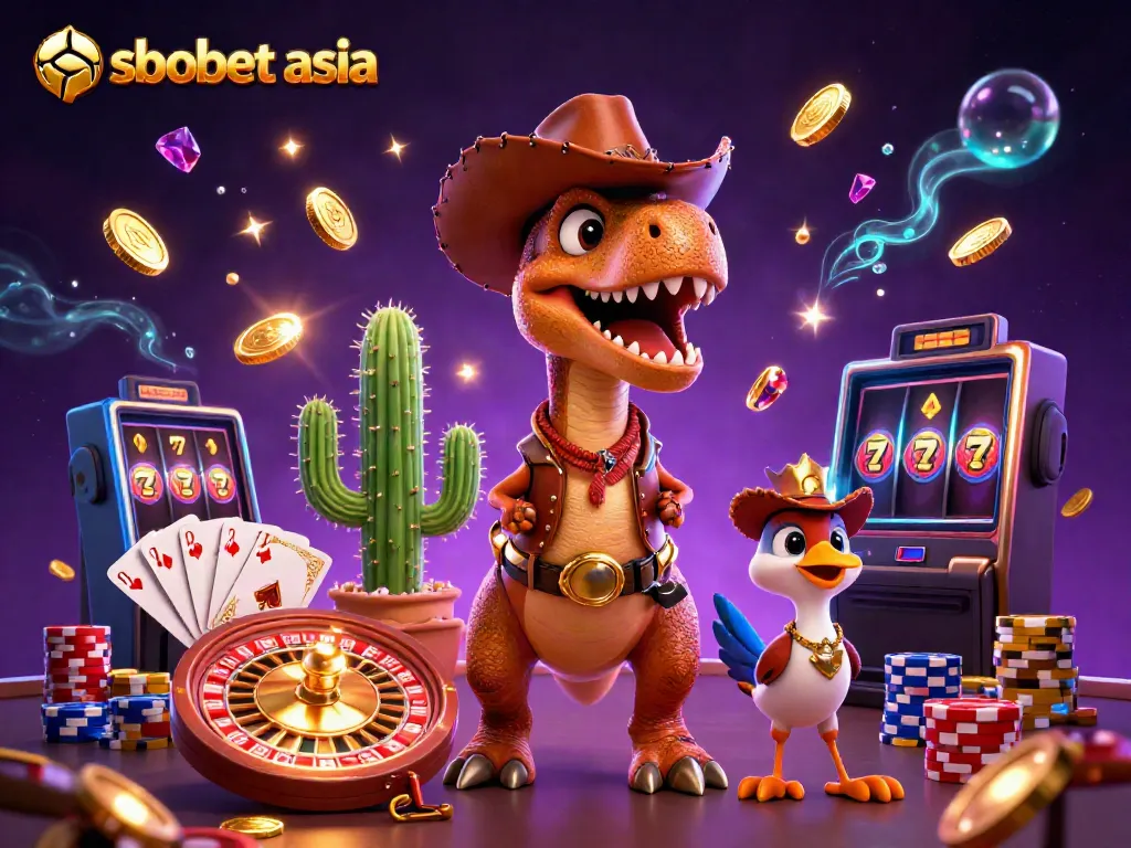 Engage in sbobet asia betting with a vibrant 3D scene showcasing casino excitement and dynamic characters.