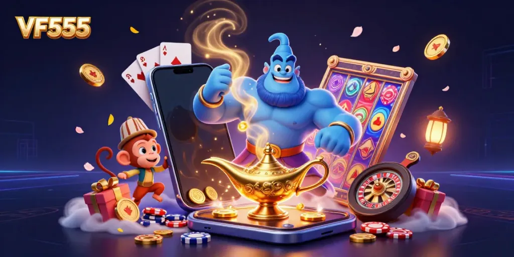 Engage with the VF555 casino magic featuring a blue genie, a monkey, and vibrant gaming elements.