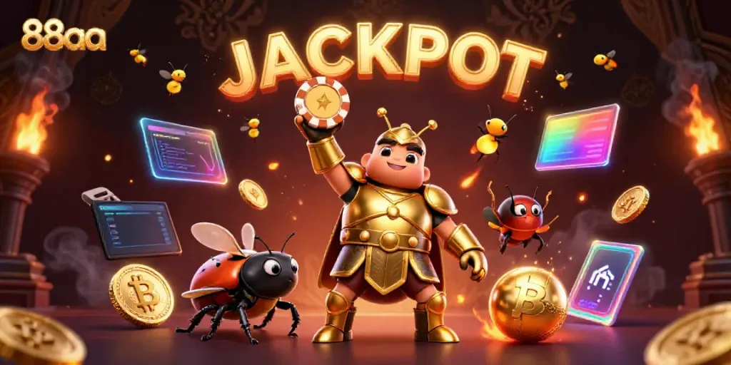 88aa highlights an energetic jackpot scene with characters celebrating a gaming victory.