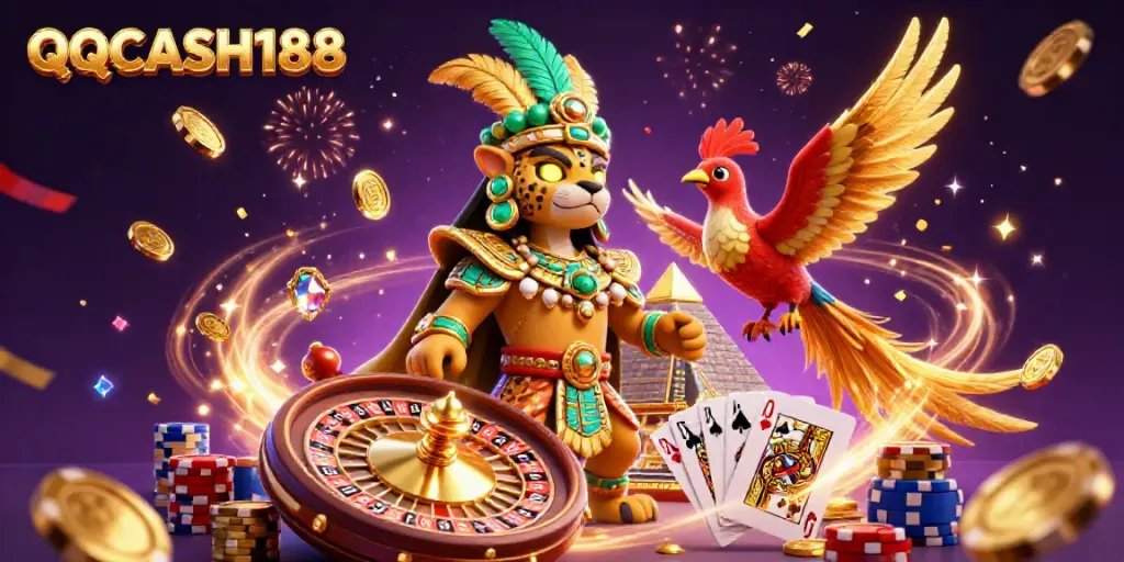 Experience the excitement of QQCASH188 with a vibrant casino scene featuring Mayan elements and sparkling treasures.