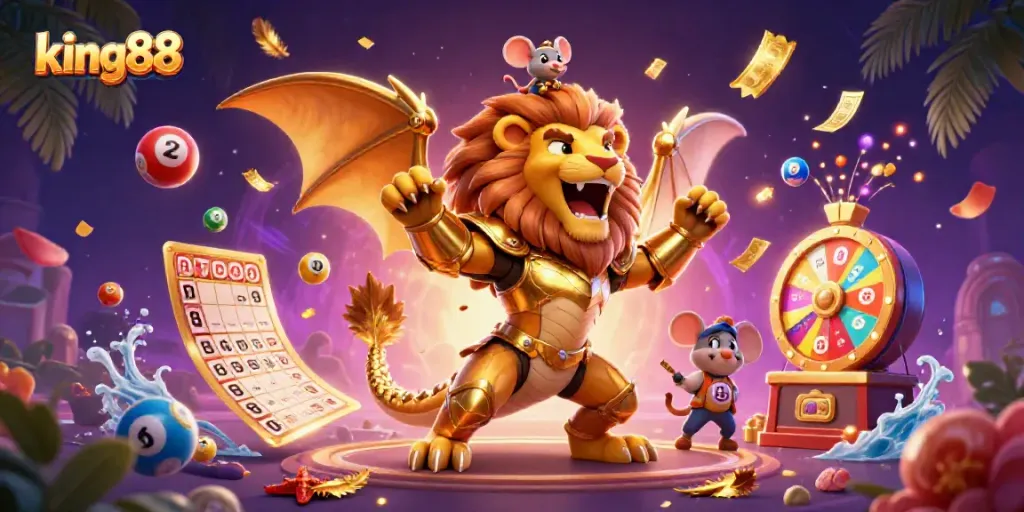 Engage in exciting gaming action at king88 with a vibrant illustration of a triumphantly roaring chimera and dynamic casino elements.