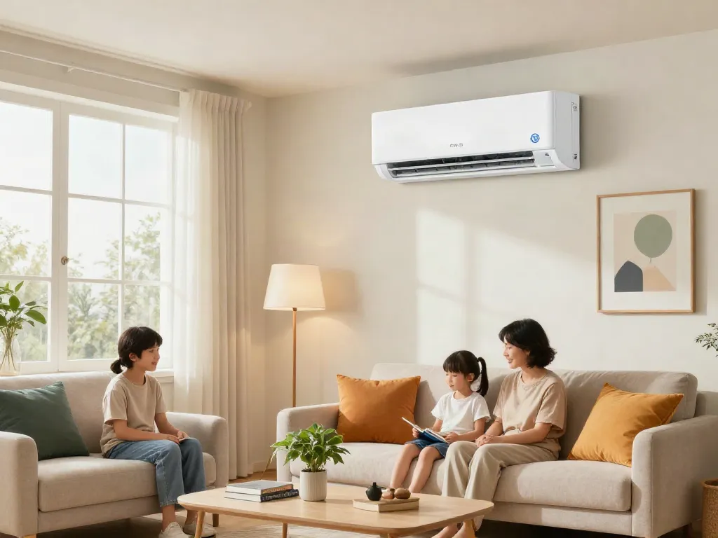Energy-efficient mini split AC system in a stylish modern living room setting