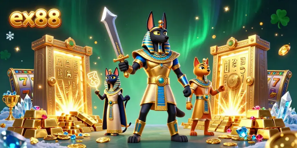 Engage in thrilling gameplay at ex88 with ancient Egyptian characters alongside dazzling golden treasures.