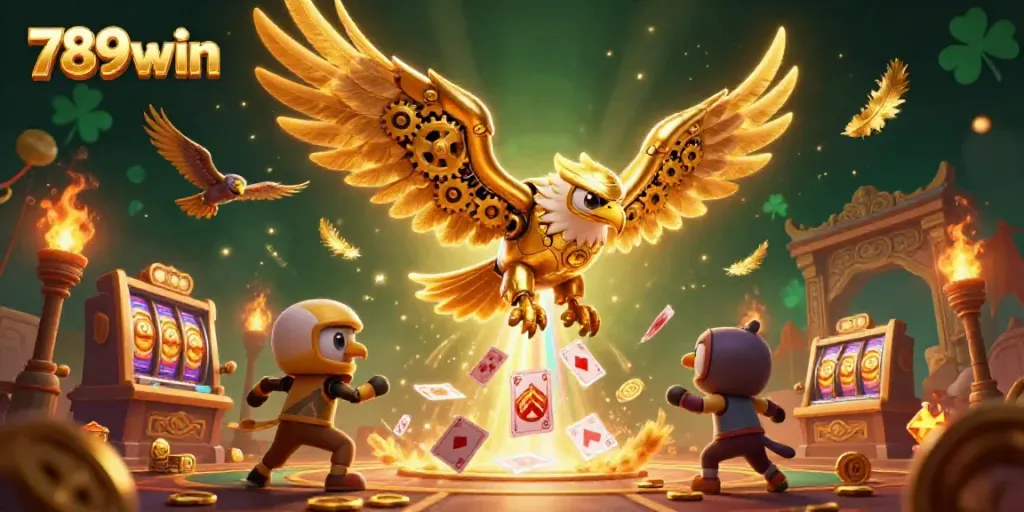 Experience the thrill of 789win as a golden eagle dives through holographic cards, showcasing vibrant casino action.