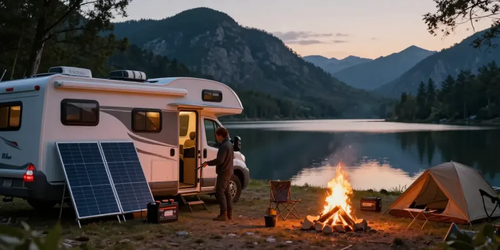 Connecting a lithium battery for RV at a lakeside campsite with an RV and solar panels.