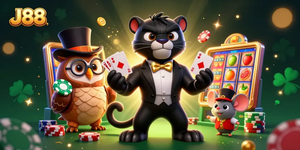J88 highlights thrilling casino action with stylish panther and lively characters in a vibrant 3D scene.