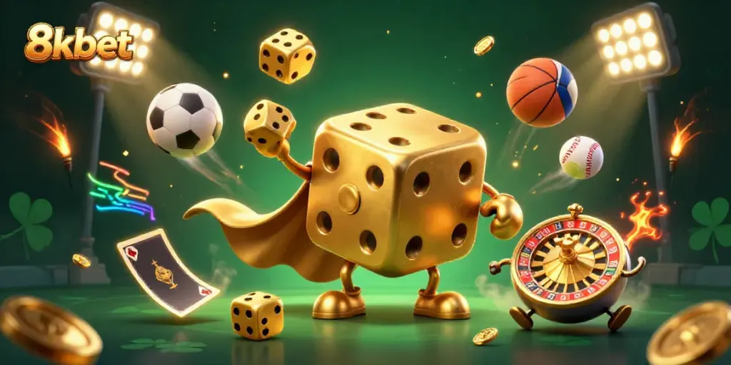 Engage with 8xbet through an exciting illustration of a casino theme featuring golden dice, sports balls, and dynamic gaming elements.
