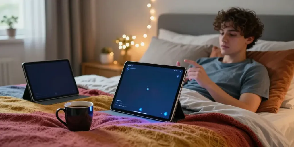 Engaging in ai sex chat on a tablet in a cozy bedroom setting.