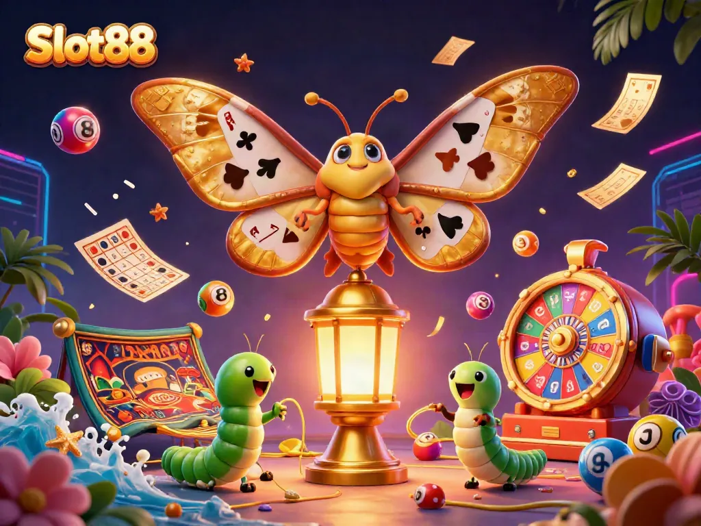Experience the excitement of Slot88 with vibrant casino elements and golden moth in a dynamic scene.