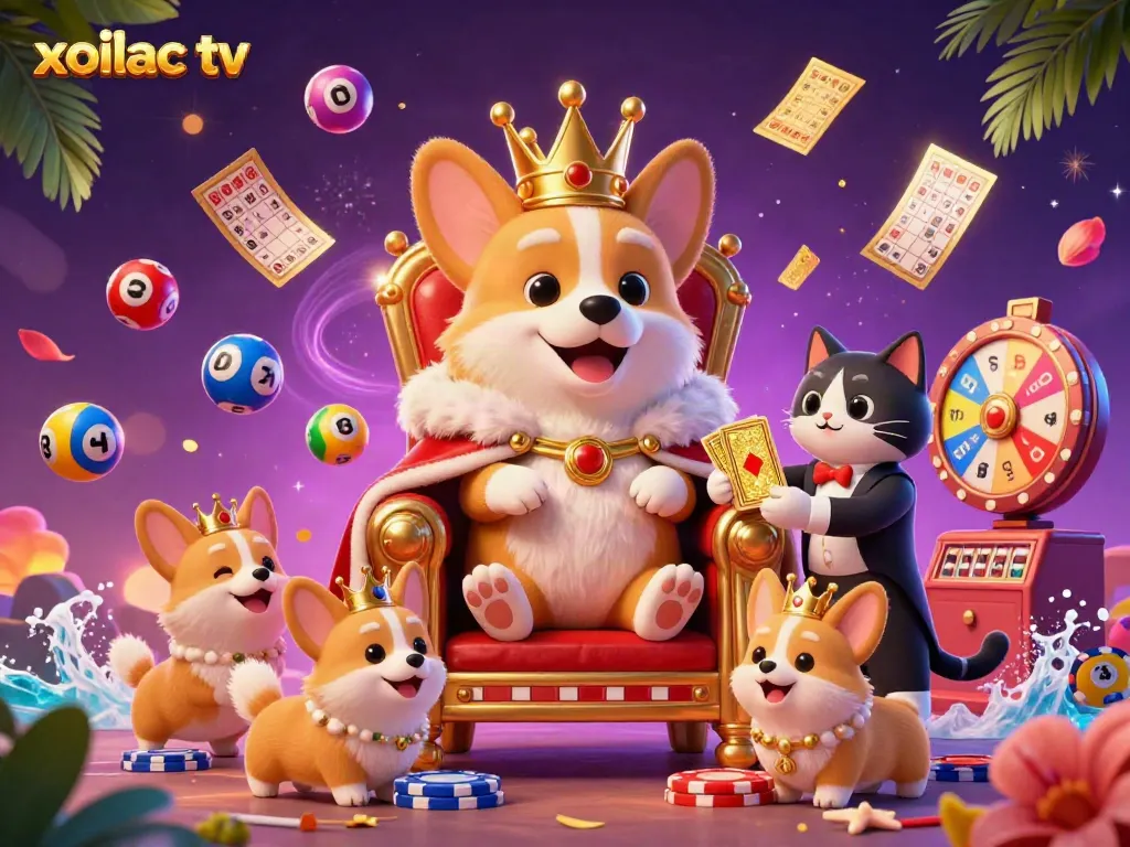 Xoilac tv creates a vibrant scene of excitement and entertainment through corgi royalty and dynamic gaming elements.