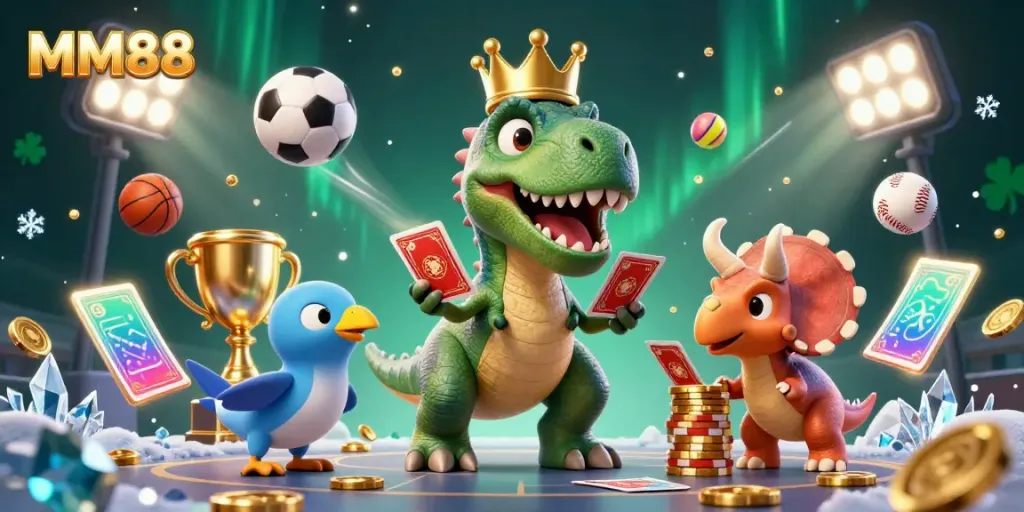 Experience the excitement of MM88 as a T-Rex deals cards with flair, surrounded by vibrant gaming elements.