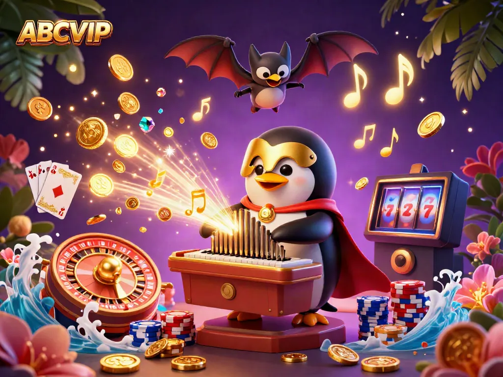 Experience the excitement of ABCVIP with a casino-themed 3D illustration featuring a penguin playing an organ that shoots coins.