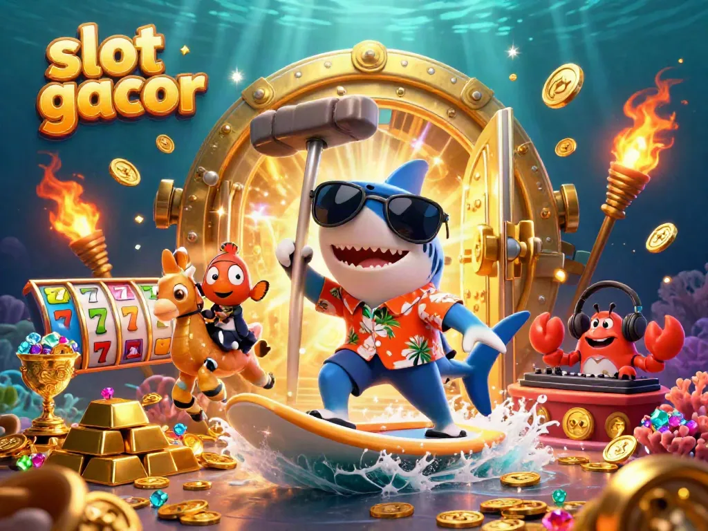 Experience the thrill of slot gacor with a dynamic underwater casino scene featuring a shark, seahorse, and DJ crab.