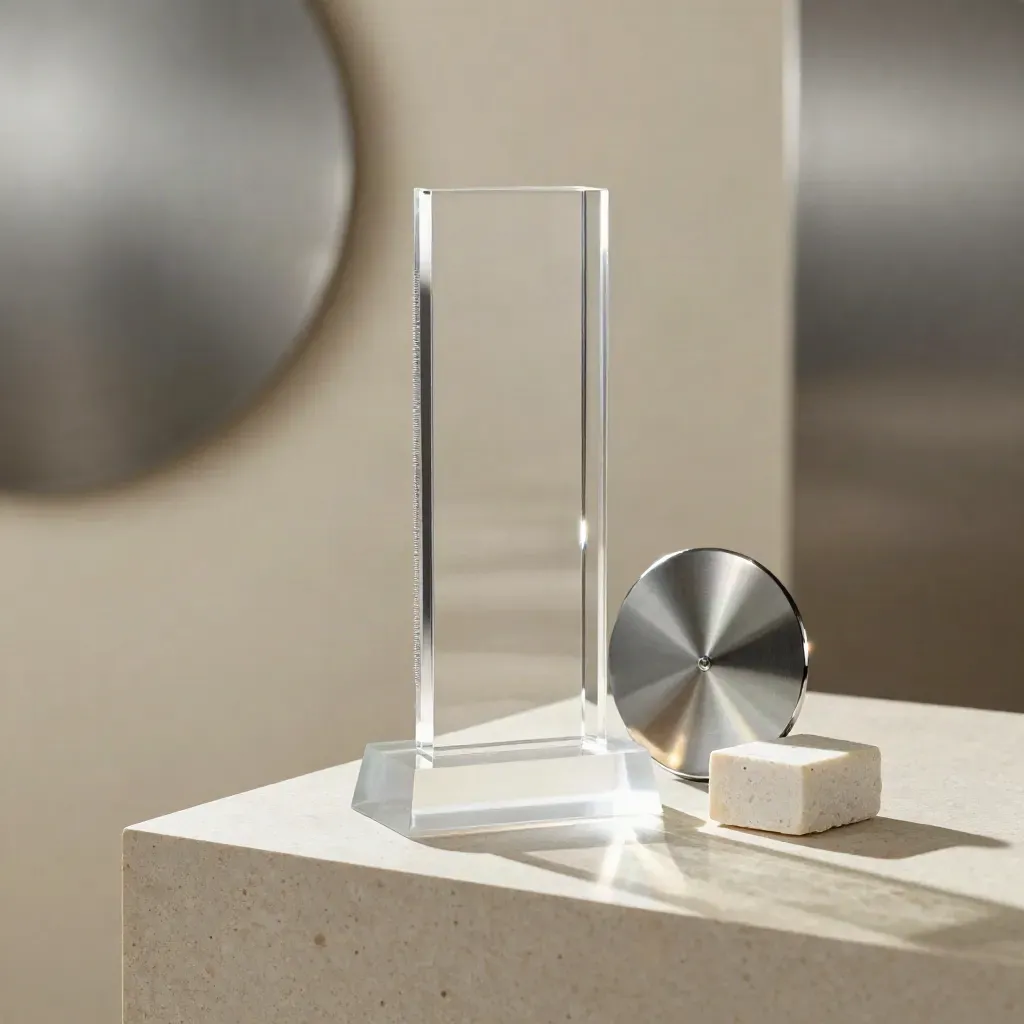 Clear acrylic award tower with frosted base, chrome disc and stone block on pale stone.