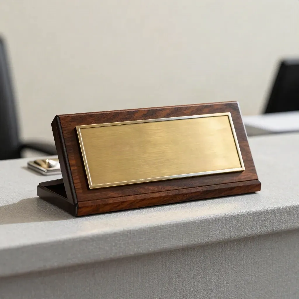 Rosewood nameplate plaque with blank brass face on a soft blurred reception ledge