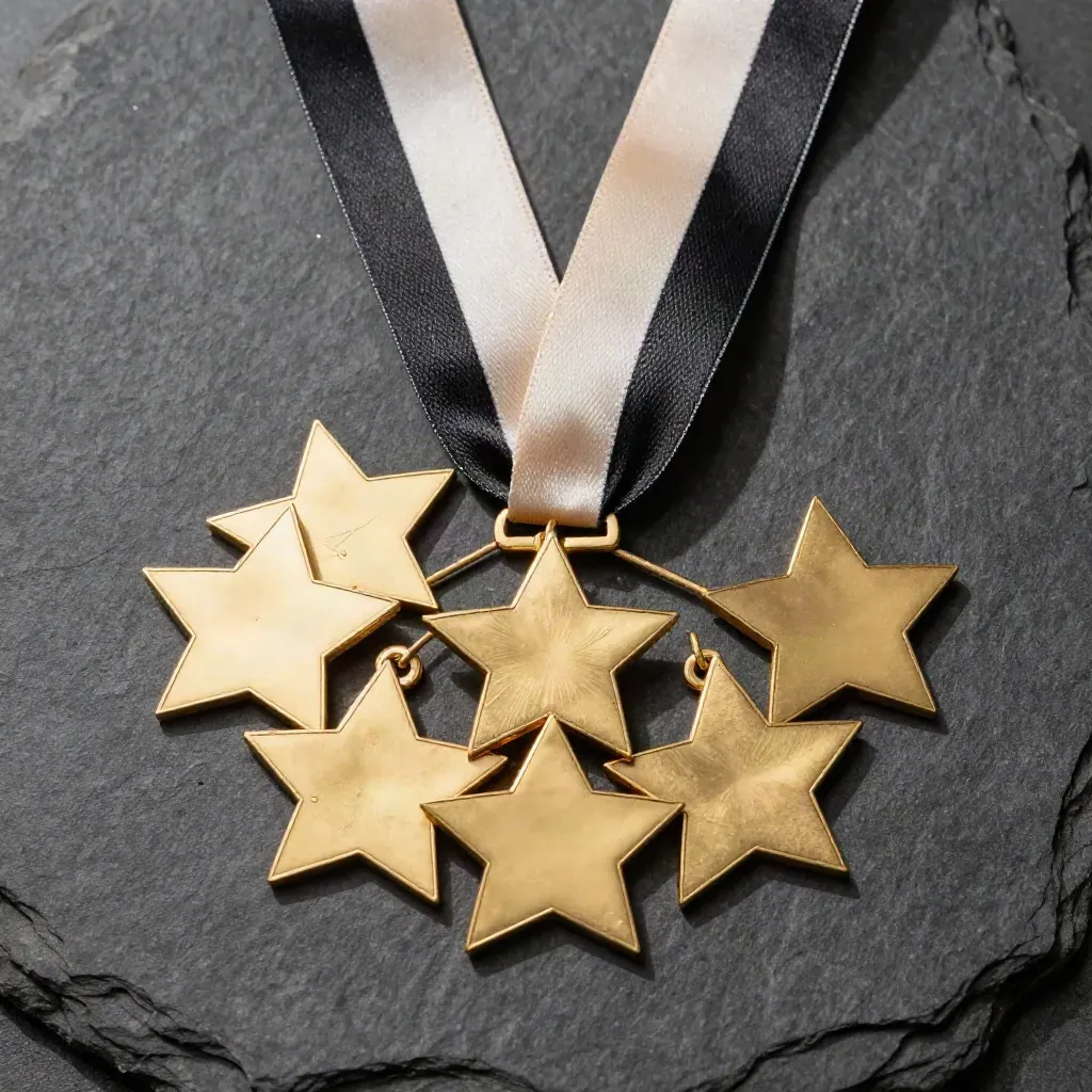 Gold star medals with satin ribbons arranged on dark stone in an overhead flatlay.
