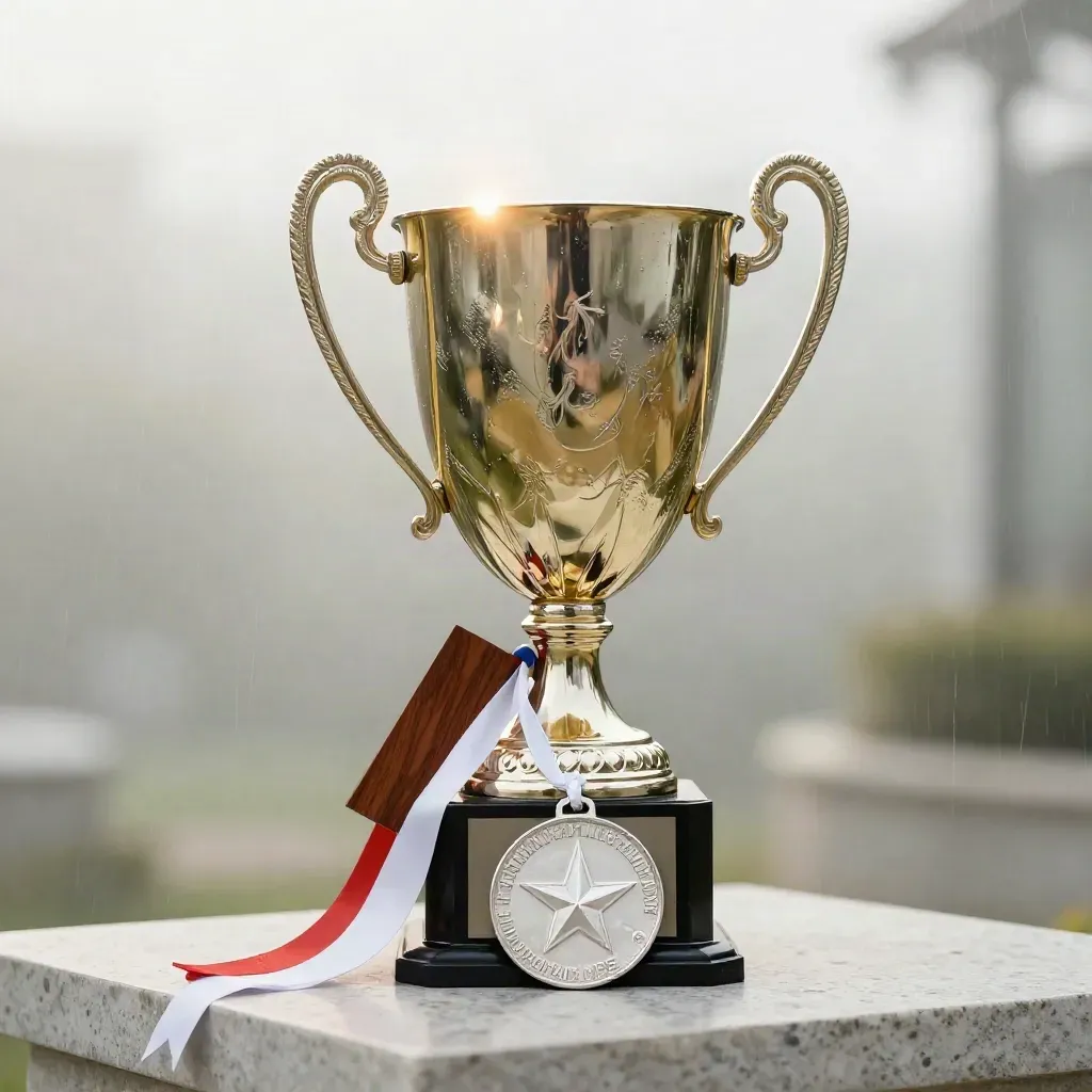 Gold championship trophy with medal, plaque, and acrylic star on a soft stone surface.