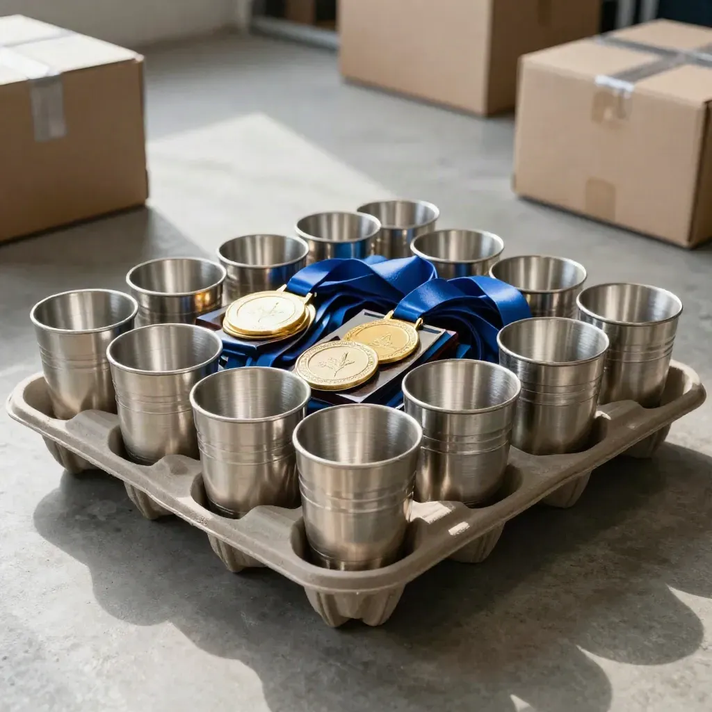 Open trays of trophies, medals and plaques fanning out mid-unpack on a dark studio surface.