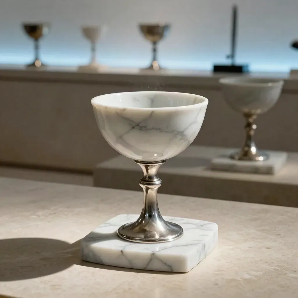Marble-base trophy cup with two smaller cups on a showroom floor, lit from the side