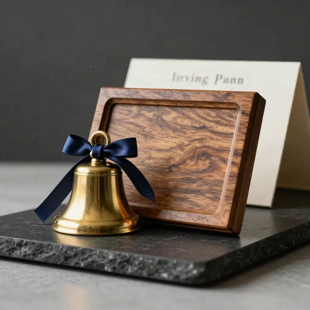 Walnut honor plaque with brass bell and navy ribbon on a dark studio slab