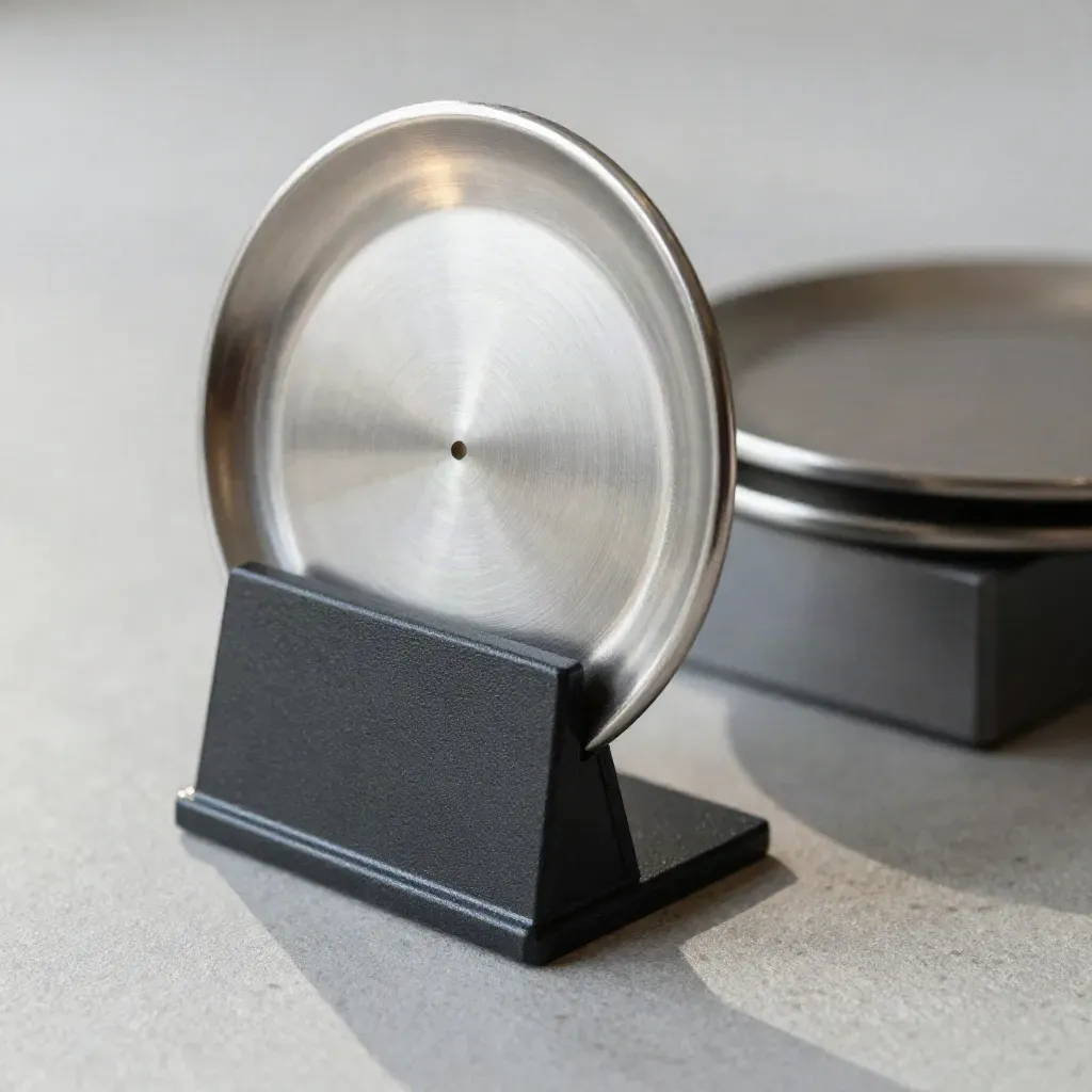 Macro side view of a brushed metal desk plate on black stand with frosted center, silver edge glow.
