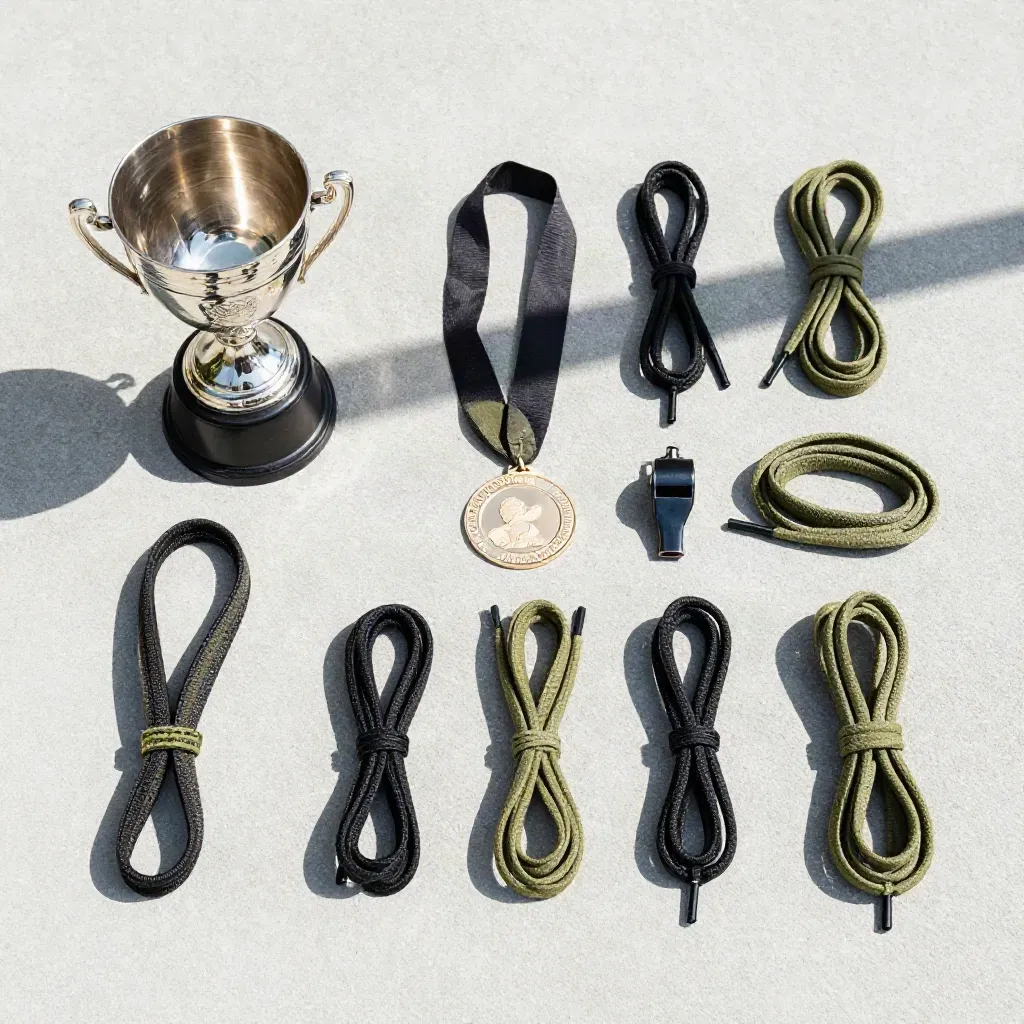Overhead trophy flat lay with a squat cup, medal, whistle, and laces on concrete.