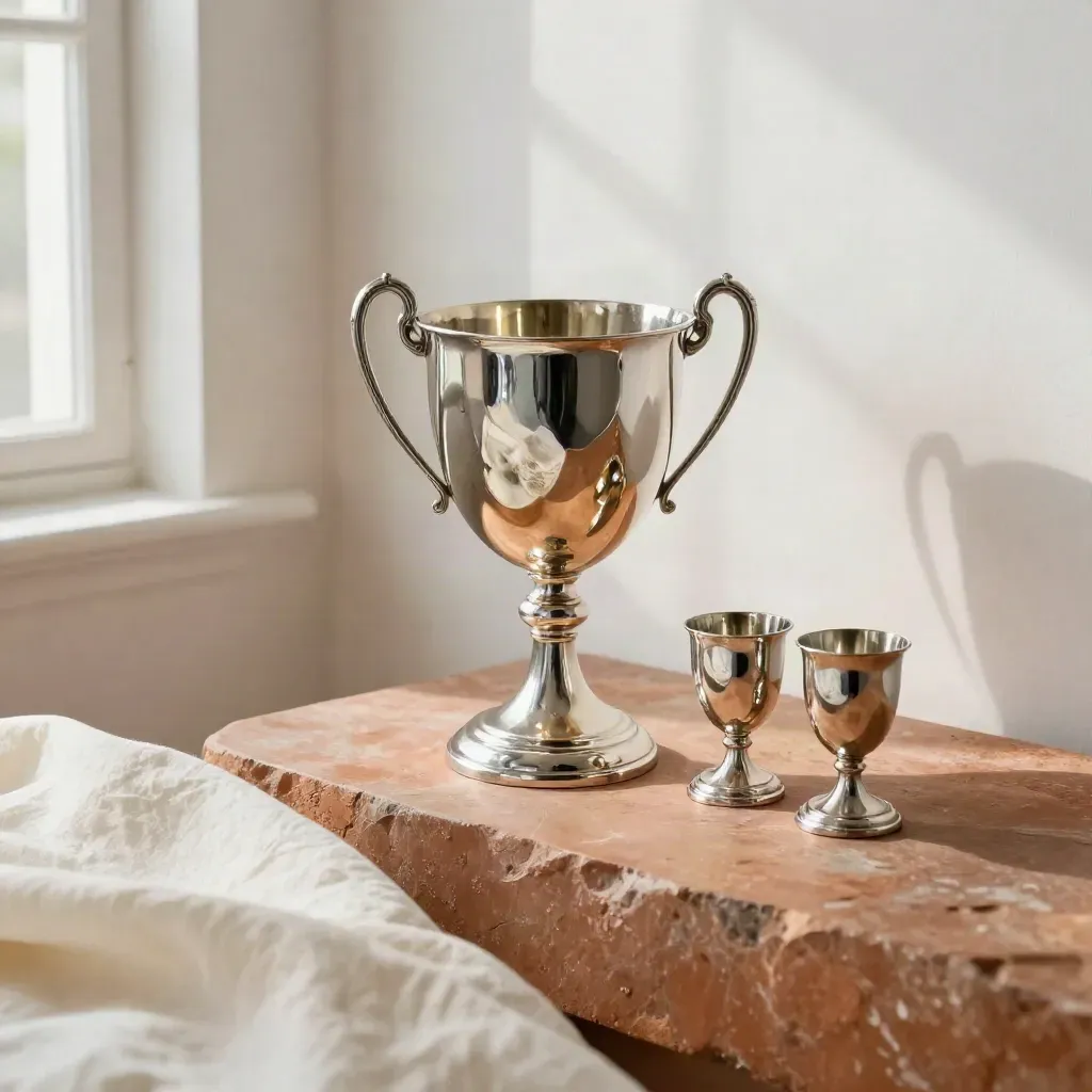 Silver trophy cup with two small companions on a terracotta plinth in soft daylight.