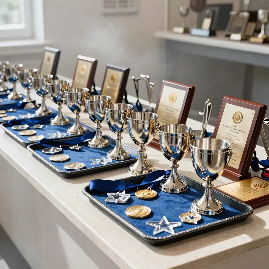Bulk awards pack with cups, medals, plaques and acrylic stars in a bright ceremony-ready spread.