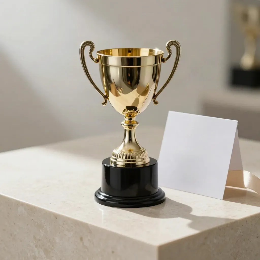 Gold little league cup trophy on travertine with soft bright studio light.