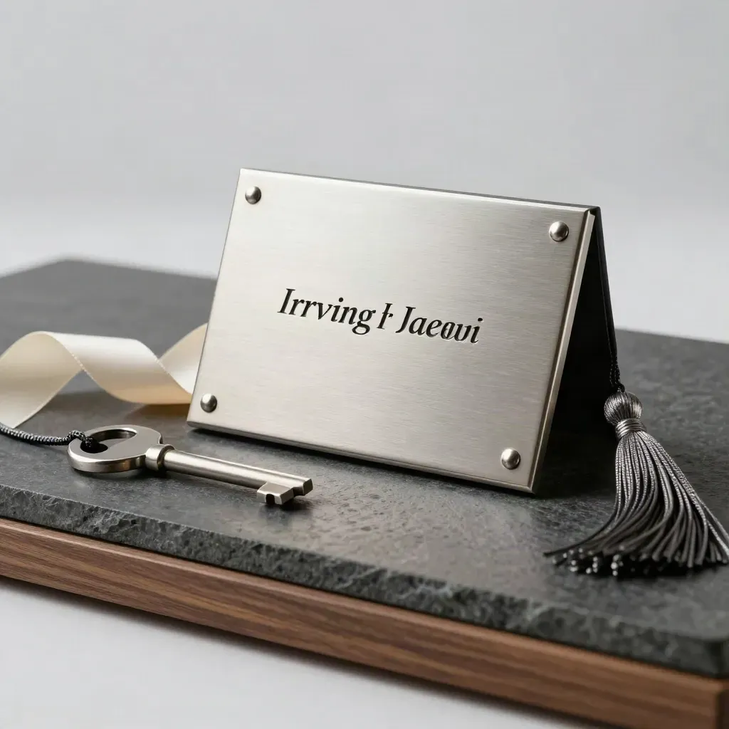 Silver graduation plaque with tassel and ribbon on a charcoal plinth, side-lit in studio.