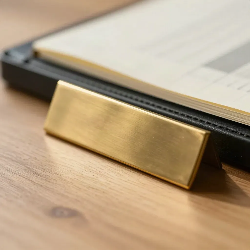 Extreme macro of a brass desk nameplate on pale walnut with a pen tray and face-down notebook.