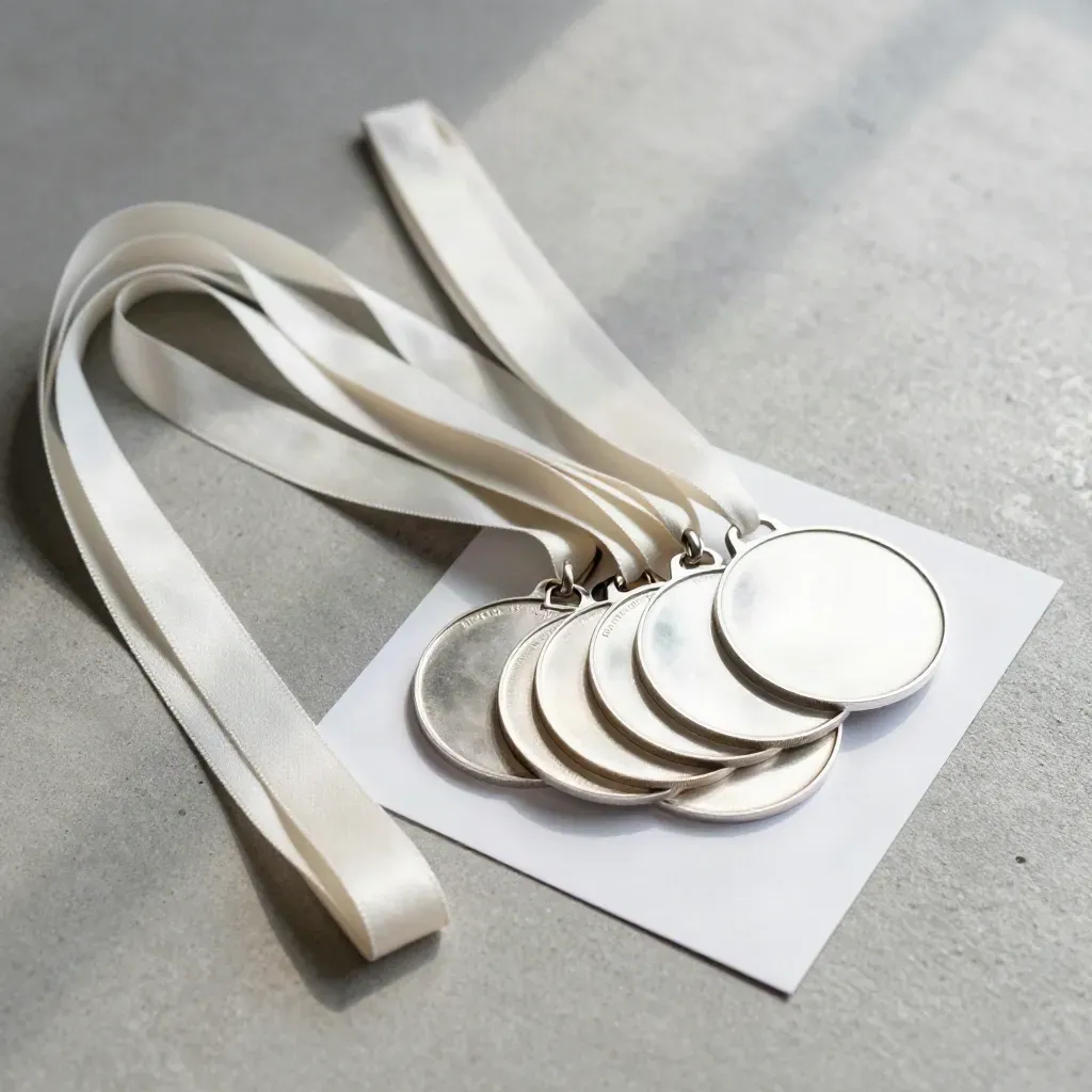 Overhead flatlay of six silver school medals fanned on concrete with pale ribbons