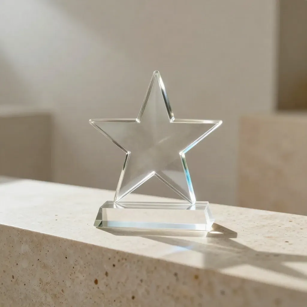 Clear acrylic star award on a travertine plinth with a prism, glowing in soft daylight.