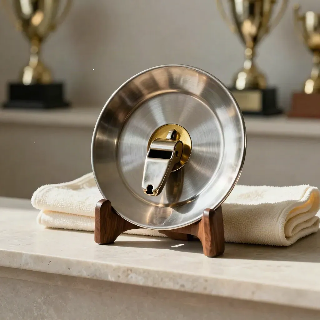 Brushed gold coach award plate on a walnut stand with whistle and folded towel