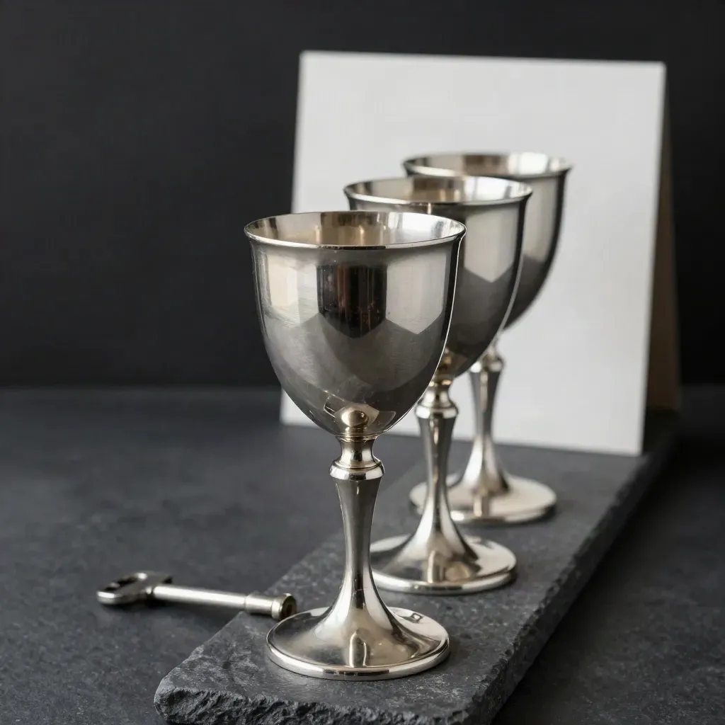 Three nested silver victory cups rise on a dark stone riser in dramatic side light.