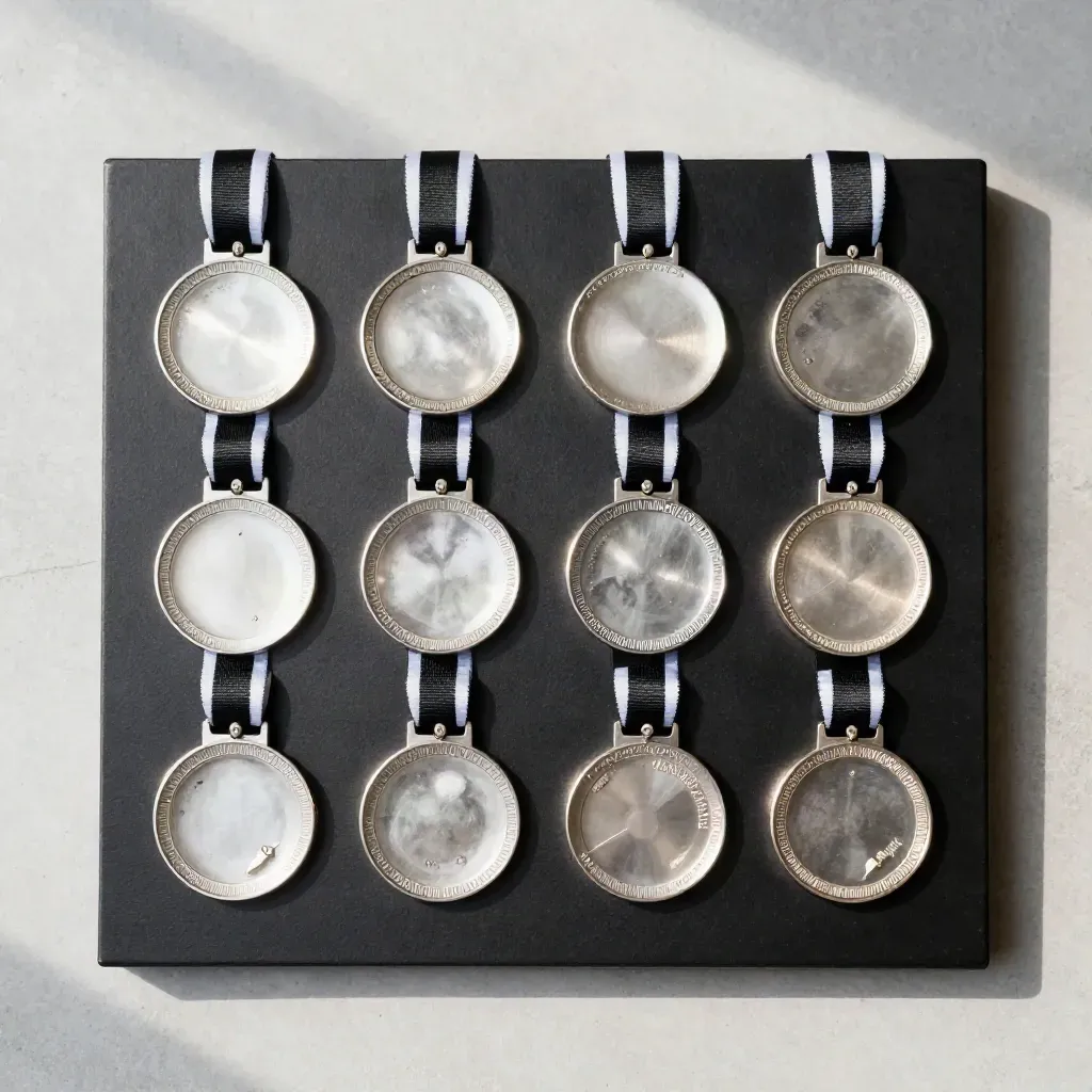 Overhead black medal display with twelve silver medals and repeating ribbons on concrete.
