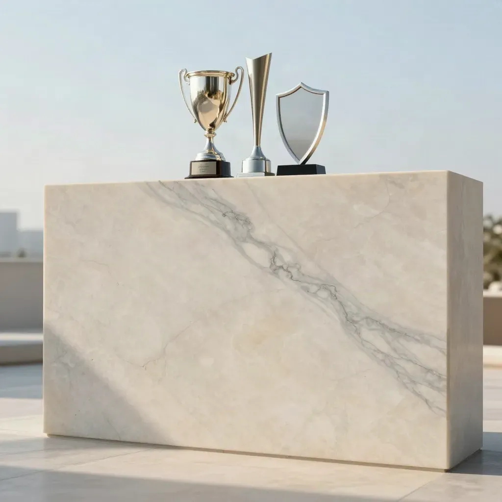 Silver sports trophy silhouettes on a marble plinth with calm copy space below.