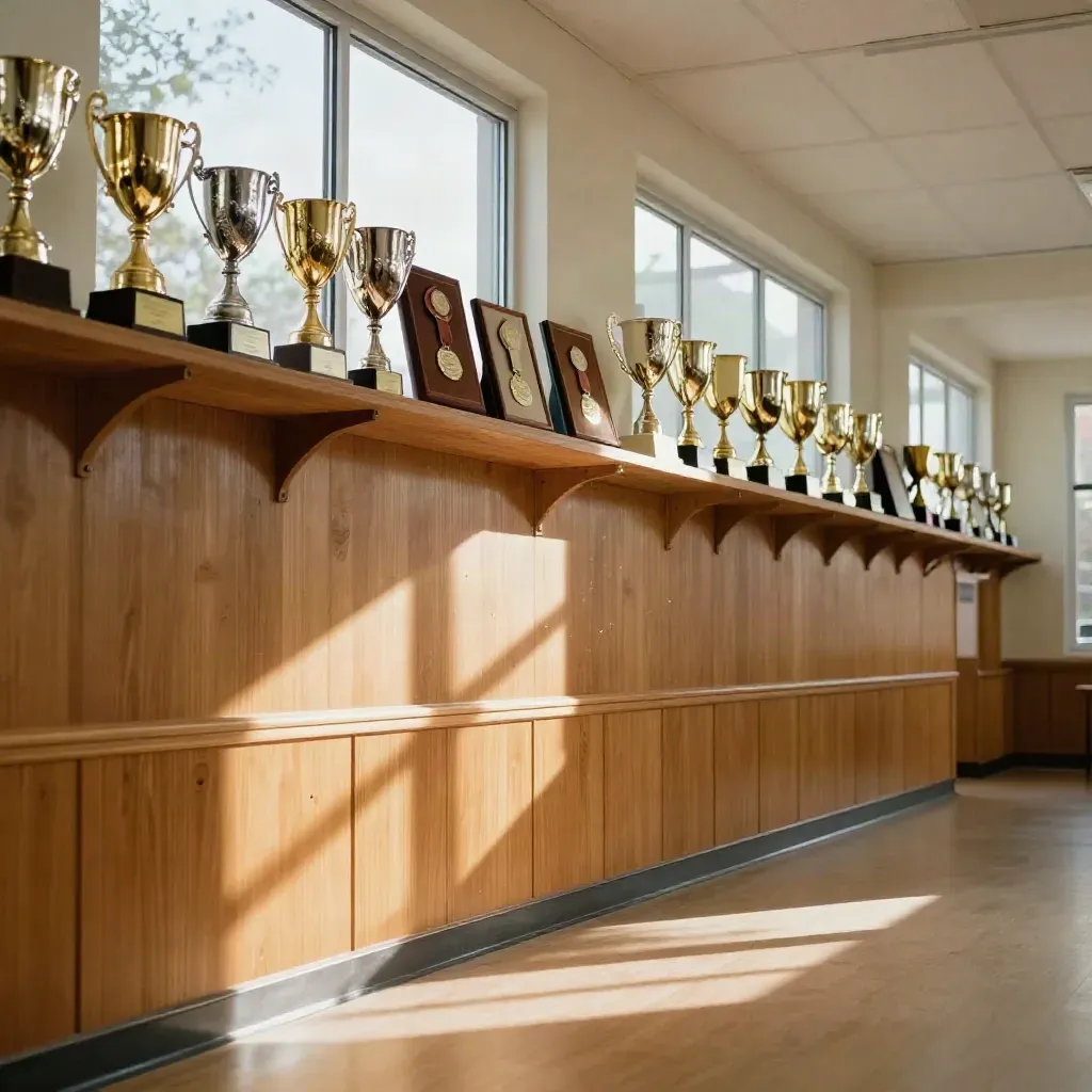 Wood-paneled school foyer with trophy shelf, side window light, and calm floor space.