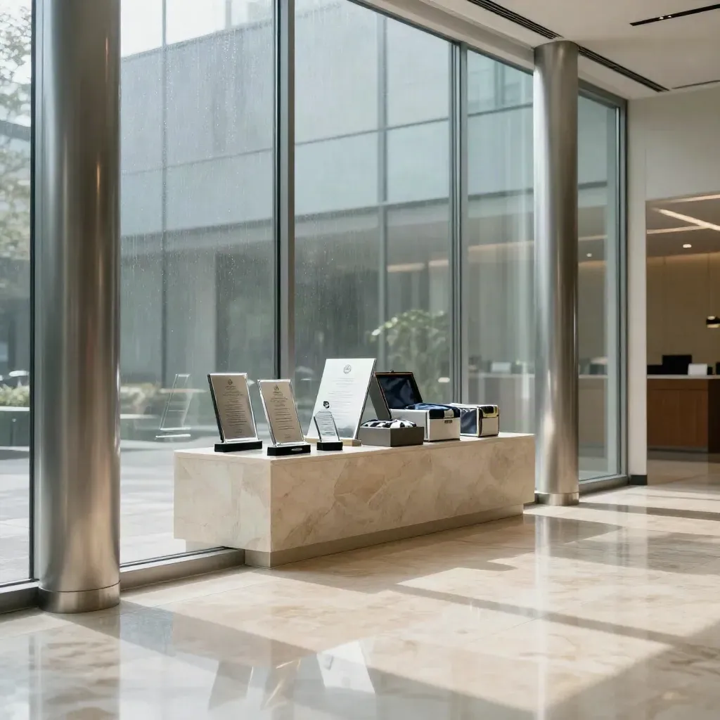 Sunlit corporate lobby with trophy awards on a stone plinth and rain reflections on pale flooring.