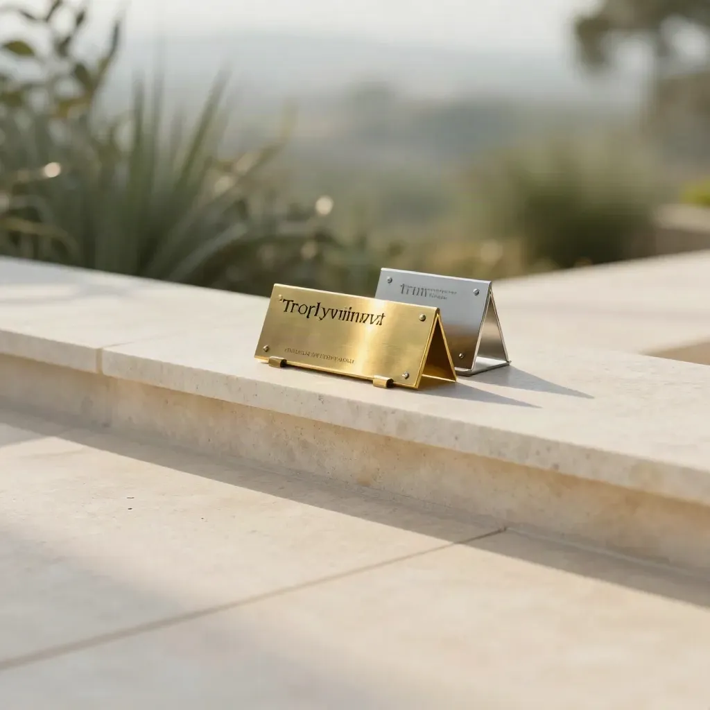 Stone terrace with brushed nameplates, blank ledge, and blurred greenery in golden light.